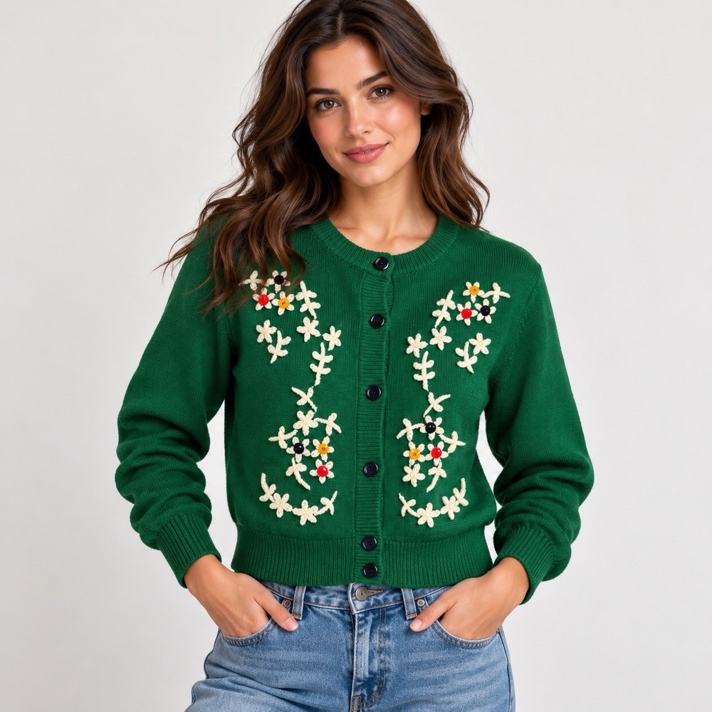 Tulip B Floral Embroidered Cardigan Womens S Green Cottagecore Vintage Style